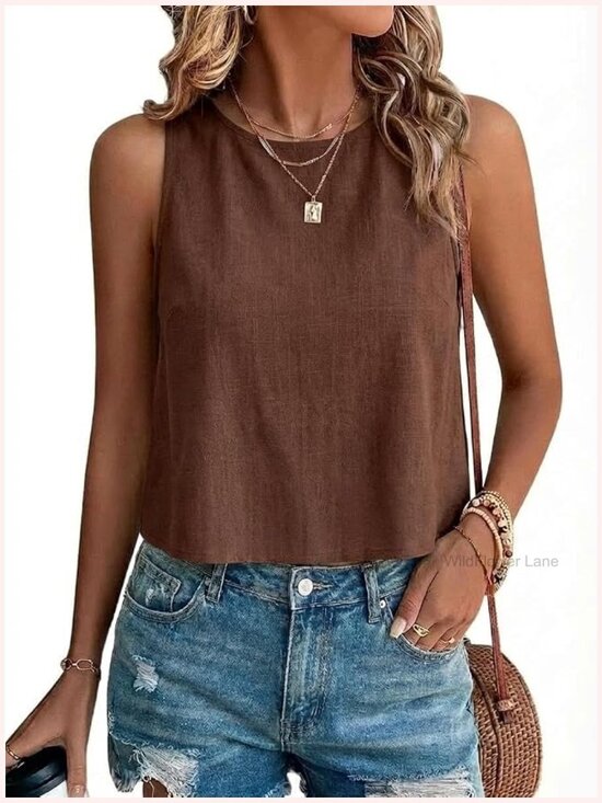Tops - Womens Linen Tank Top Sleeveless Casual Summer Beach Top